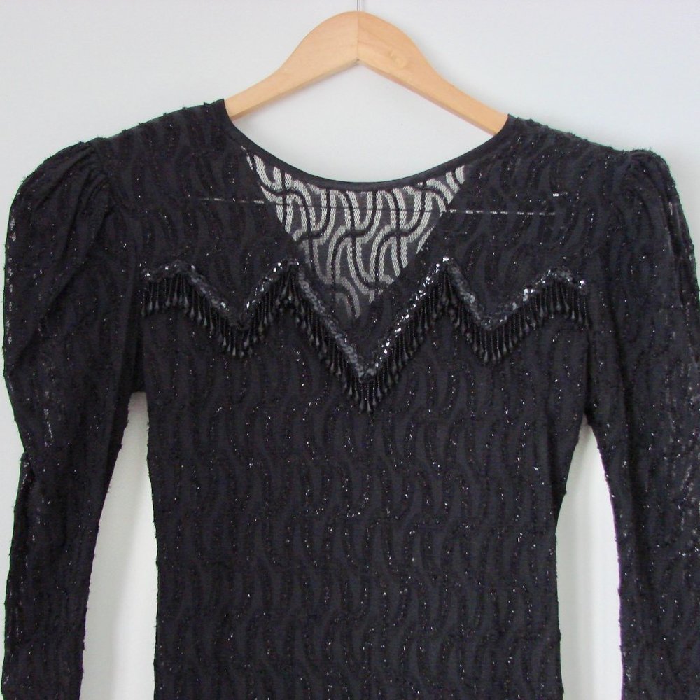 Vintage Black Cocktail Dress Beaded Lace Whimsigoth Goth Wedding Prom Party 10